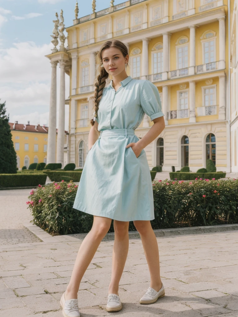 her name is Amelie, high quality, 1girl, ((20-year-old fit Caucasian woman)), ((20 years old)), ((fit)), ((Halo Braid)), pose: standing, wearing unique Generation-Z modern wear pastel colored, BACKGROUND: In Schönbrunn Palace Gardens, with the grand palace in the background and beautifully manicured gardens all around