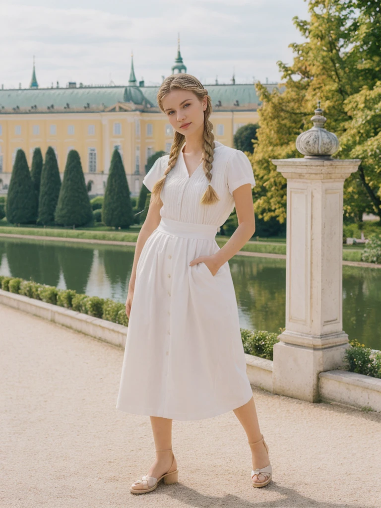 her name is Amelie, high quality, 1girl, ((20-year-old fit Caucasian woman)), ((20 years old)), ((fit)), ((Halo Braid)), pose: standing, wearing unique Generation-Z modern wear pastel colored, BACKGROUND: In Schönbrunn Palace Gardens, with the grand palace in the background and beautifully manicured gardens all around