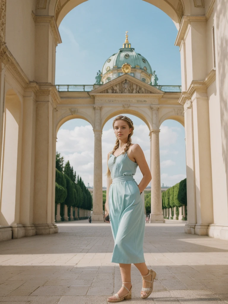 her name is Amelie, high quality, 1girl, ((20-year-old fit Caucasian woman)), ((20 years old)), ((fit)), ((Halo Braid)), pose: standing, wearing unique Generation-Z modern wear pastel colored, BACKGROUND: In Schönbrunn Palace Gardens, with the grand palace in the background and beautifully manicured gardens all around
