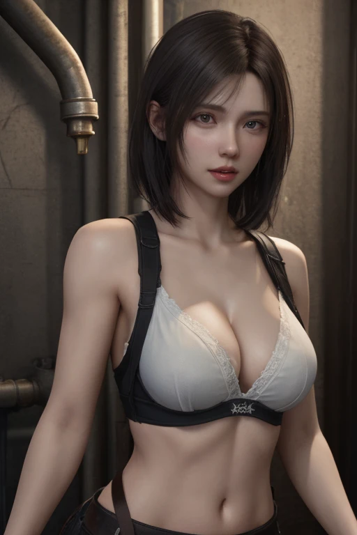 (masterpiece), (Highest image quality), 8k resolution, Very detailed, Very detailed, realism, realism,Tifa Lockhart、,short hair、Dark brown hair、Cool pose、Detailed beautiful eyes、Bust B cup、、Slim body、a、Metal pipes