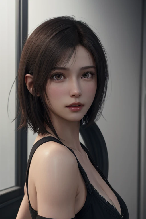 (masterpiece), (Highest image quality), 8k resolution, Very detailed, Very detailed, realism, realism,Tifa Lockhart、,short hair、Dark brown hair、Cool pose、Detailed beautiful eyes、Bust B cup、、Slim body、a、Metal pipes