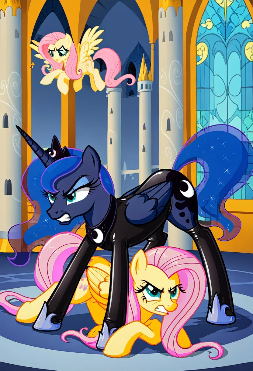 Pony Prince Luna angry Black LaTeX costiumme in the castle Black. Fight fluttershy 