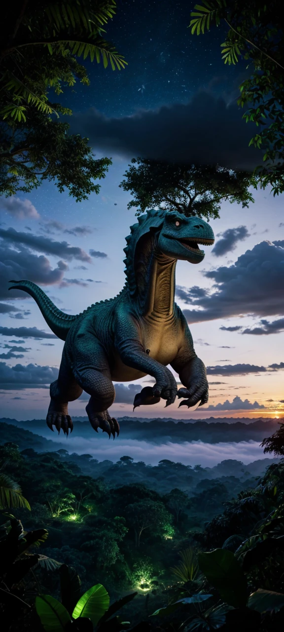 At night the sky should be green with stars in the sky and dinosaurs in the jungle below.