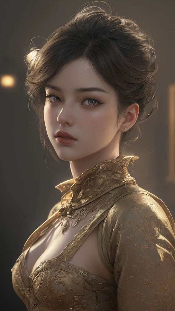 beautiful detailed woman, 1girl, beautiful detailed eyes, beautiful detailed lips, extremely detailed eyes and face, long eyelashes, classical oil painting, by masamune shirow, by William-tae Kim, dramatic lighting, dramatic color palette, chiaroscuro lighting, cinematic composition, photorealistic, 8k, best quality, masterpiece, ultra-detailed, realistic, vivid colors, sharp focus, physically-based rendering, professional