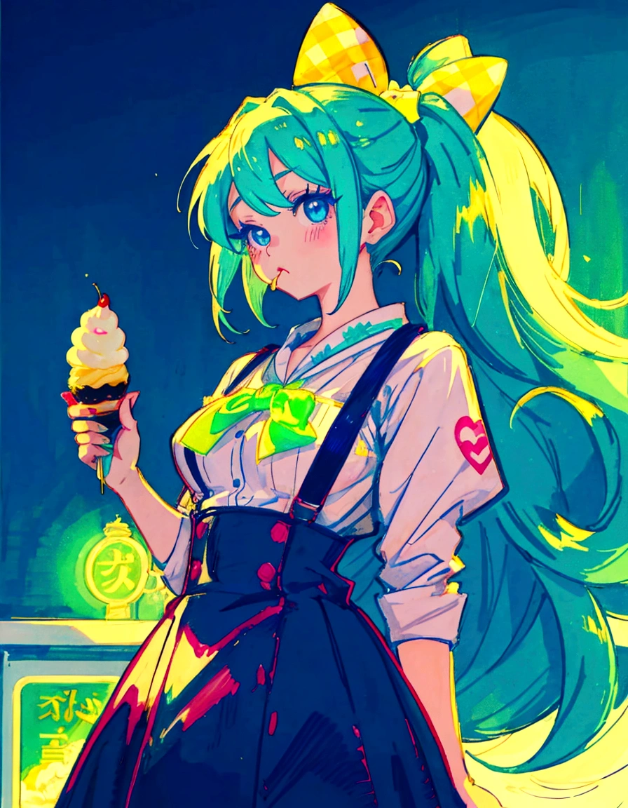 a beautiful girl,anime art style,Head close-up,Big eyes with long eyelashes,hair stuck behind,white tiara,She eats a fruit pie in a vintage dessert shop with a retro neon sign,Surrounded by a colorful poster of desserts。She has blue eyes and fair skin.。She was wearing a blue and white plaid suspender skirt,A noose is tied around the neck, She has long black hair, is pregnant