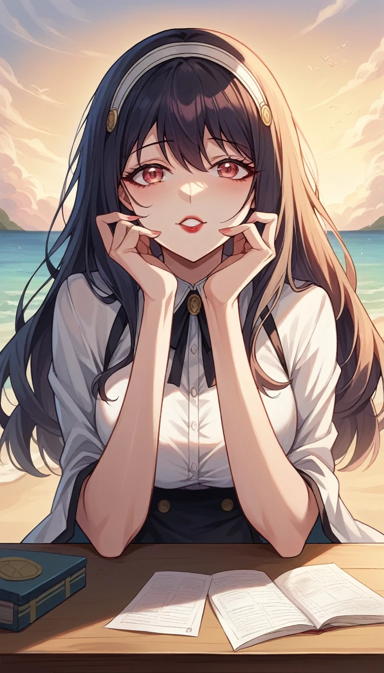 On the table, best quality, illustration, Extremely detailed, Fine details, high resolution, 8k wallpaper, Perfect dynamic composition, Beautiful and delicate eyes, wear a skirt, Natural lipstick,beach, 随意又Lovely姿势, wispy bangs, Sunset,,,KPOP idol face,Perfect beautiful face,Lovely