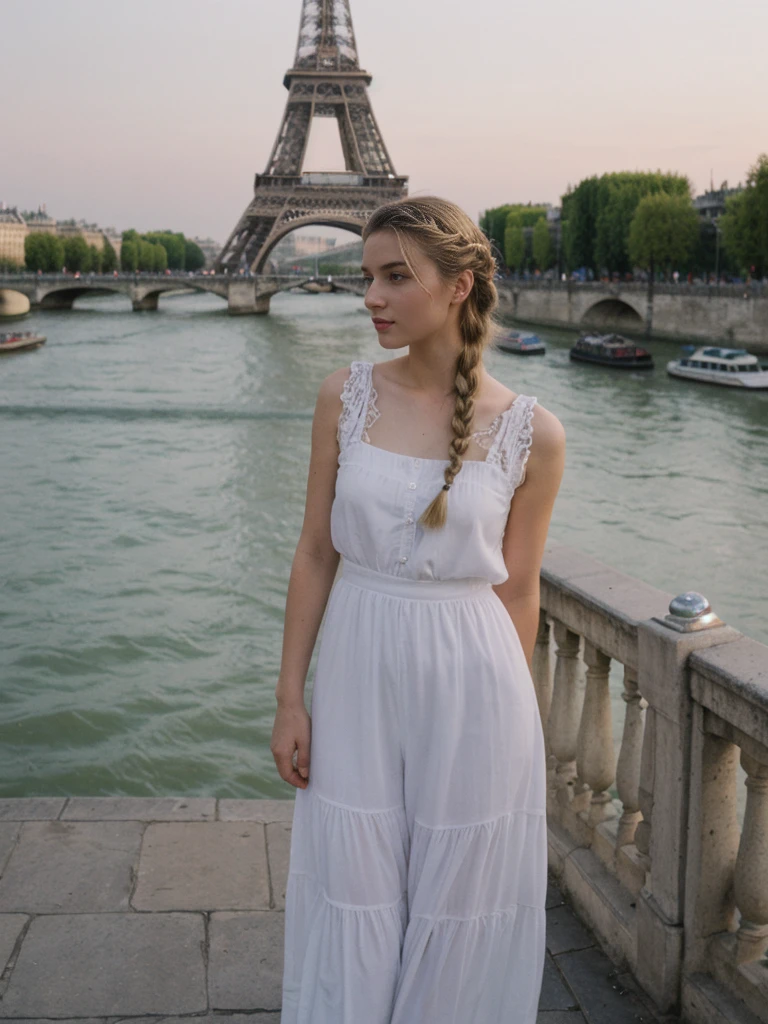 her name is Amelie, high quality, 1girl, ((20-year-old fit Caucasian woman)), ((20 years old)), ((fit)), ((Halo Braid)), pose: standing, wearing unique Generation-Z modern wear pastel colored, BACKGROUND:Standing on a bridge over the Seine River, with the Eiffel Tower illuminated against the night sky