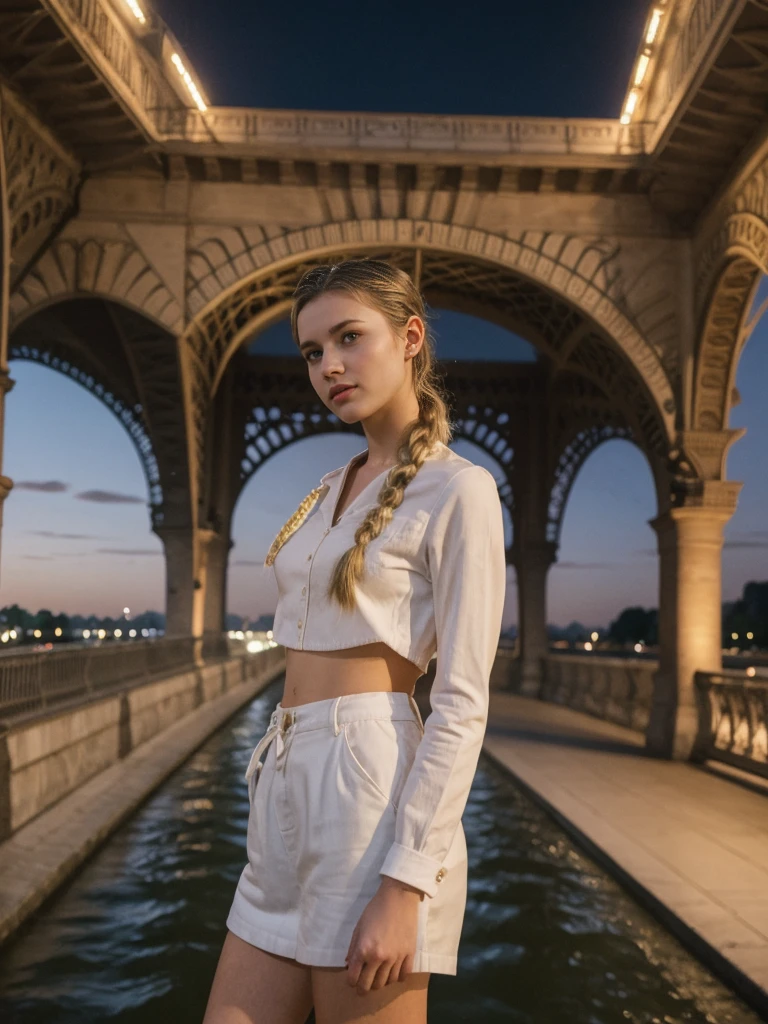 her name is Amelie, high quality, 1girl, ((20-year-old fit Caucasian woman)), ((20 years old)), ((fit)), ((Halo Braid)), pose: standing, wearing unique Generation-Z modern wear pastel colored, BACKGROUND:Standing on a bridge over the Seine River, with the Eiffel Tower illuminated against the night sky