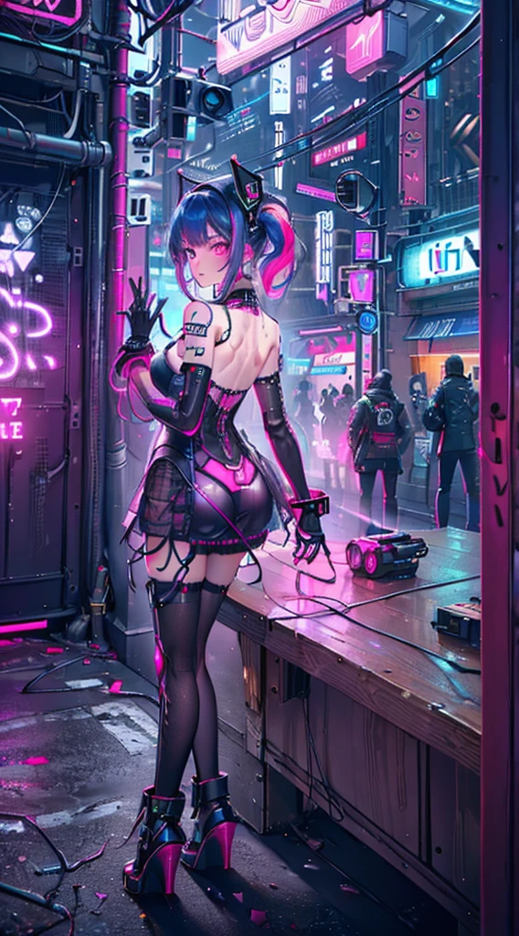 (On the table, Highest quality, Best quality at best, offcial art, Beautiful and beautiful:1.2),(1 girl in:1.4),full bodyesbian,([Pink|blue] the hair:1.5),The  very detailed,(s fractal art:1.3),(Colorful:1.5),Mechanical modifications of the highest detail:1.3),(Corrected:1.2),teens girl,(Complex mechanical conduits in the back:1.5),catheter,(neon light background:1.4),(neon city:1.75),the night,,(Gothic_Lolita prostitute:1.2),high-heels,(:0.75),cosmetics,Be red in the face,(cyber punk perssonage:1.4),((looking at viewert:1.3)),((back to look back)),Sofia Boutella, brunette, Sunburn, Colossal tits, Nikon D850 Film Photography 4 Kodak Portra 400 Camera F1.6 Shots: Rich colors, surreal, realistic textures, dramatic lighting, Unreal Engine  popular on the ArtStation CineStill 800,