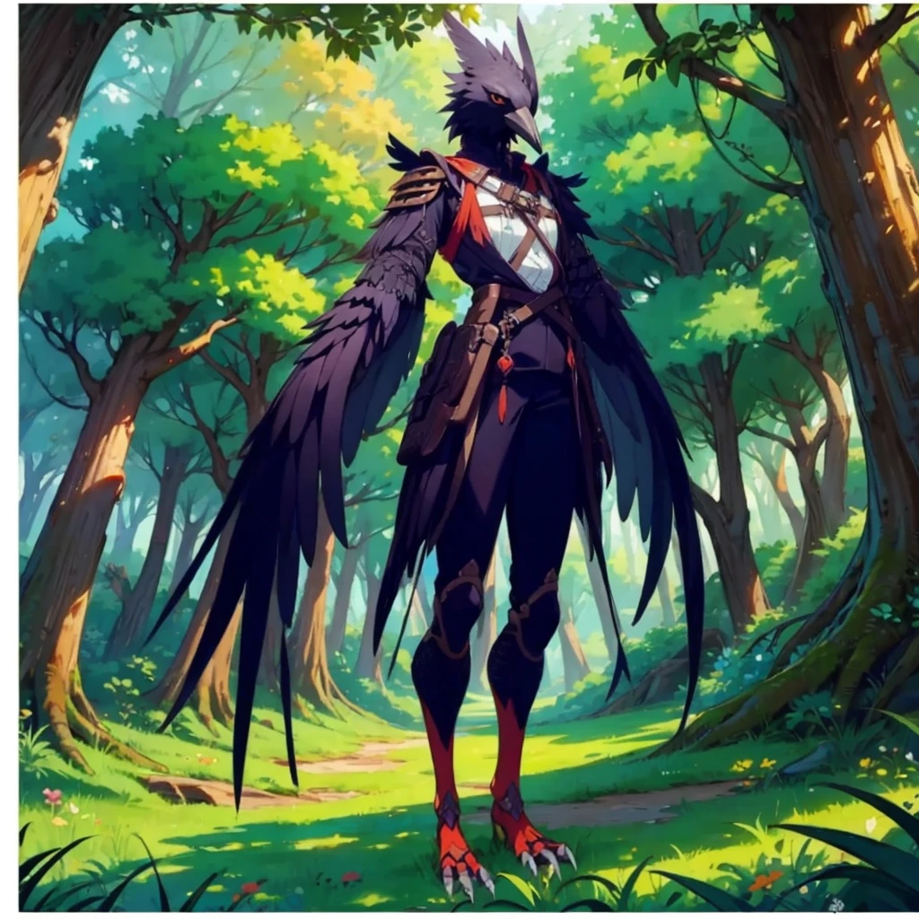 prospect(Anthropomorphic crow、Wearing ancient adventurer gear、The arms and hands are integrated with the bird's wings, and there are no bird wings on the back. Only the arms and hands have bird wings.、The feet are claws)、With background (Dense forest)