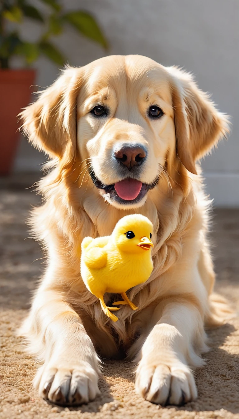 I want to create an image of an adult Golden Retriever dog lying down with a happy face while holding a yellow stuffed chick with stitch marks in its arms..