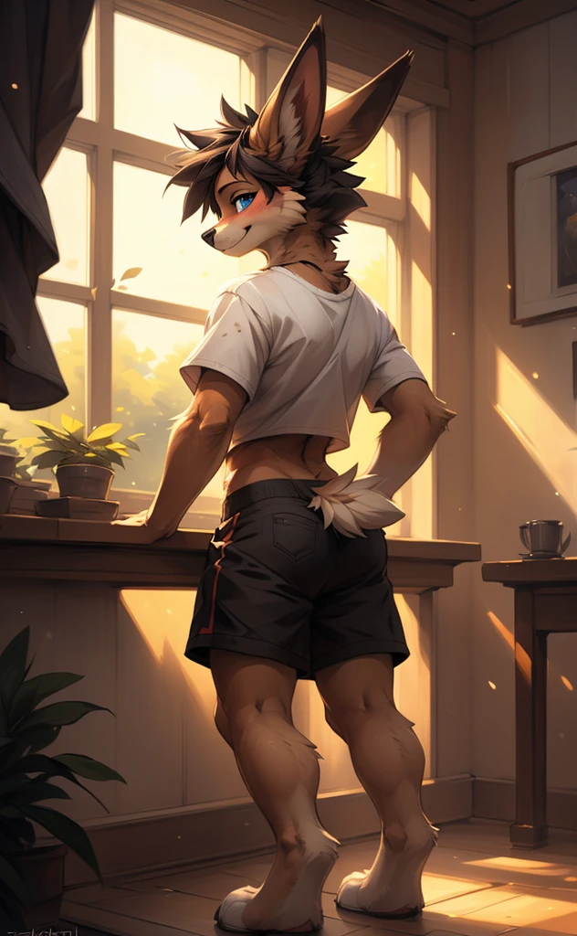 [eevee], [NSFW], [Uploaded to e621.net; (by kenket, Ross Tran, ruan jia, zaush, foxovh, by Zackary911, by hyattlen, by teranen, by fumiko, by Pixelsketcher, by Bayard Wu, by Thomas Benjamin Kennington, by Einshelm, by Kilinah, by Coffeesoda, by Hioshiru, by fluff-kevlar, bye r-mk, by Dimwitdog)], ((masterpiece)), ((high quality)), ((HD)), ((solo portrait)), ((full body)), ((back view)), ((furry; anthro)), ((detailed fur)), ((detailed shading)), ((beautiful render art)), ((intricate details)), {anthro; light beige fur, black nose, ( blue surprised eyes), (gorgeous hourglass body), (thick thighs), (beautiful legs), (blushing), (smug smirk)}, {(white tee shirt red lining), (nipple outline), (tight asshole), (balls), (erected), (cute erection), (midriff), (undressing shorts), (undressing show), {(standard), (hands resting on waist), (looking up at viewer)}, [background; (hallway), (window), (sun rays))]