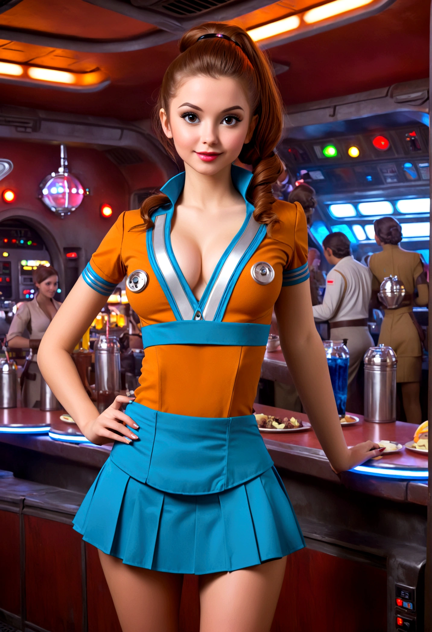 A cute woman in a sci fi waitress outfit (deep neckline, mini skirt, safe for work) is working at a Star Wars cantina serving drinks to wild and rowdy aliens.