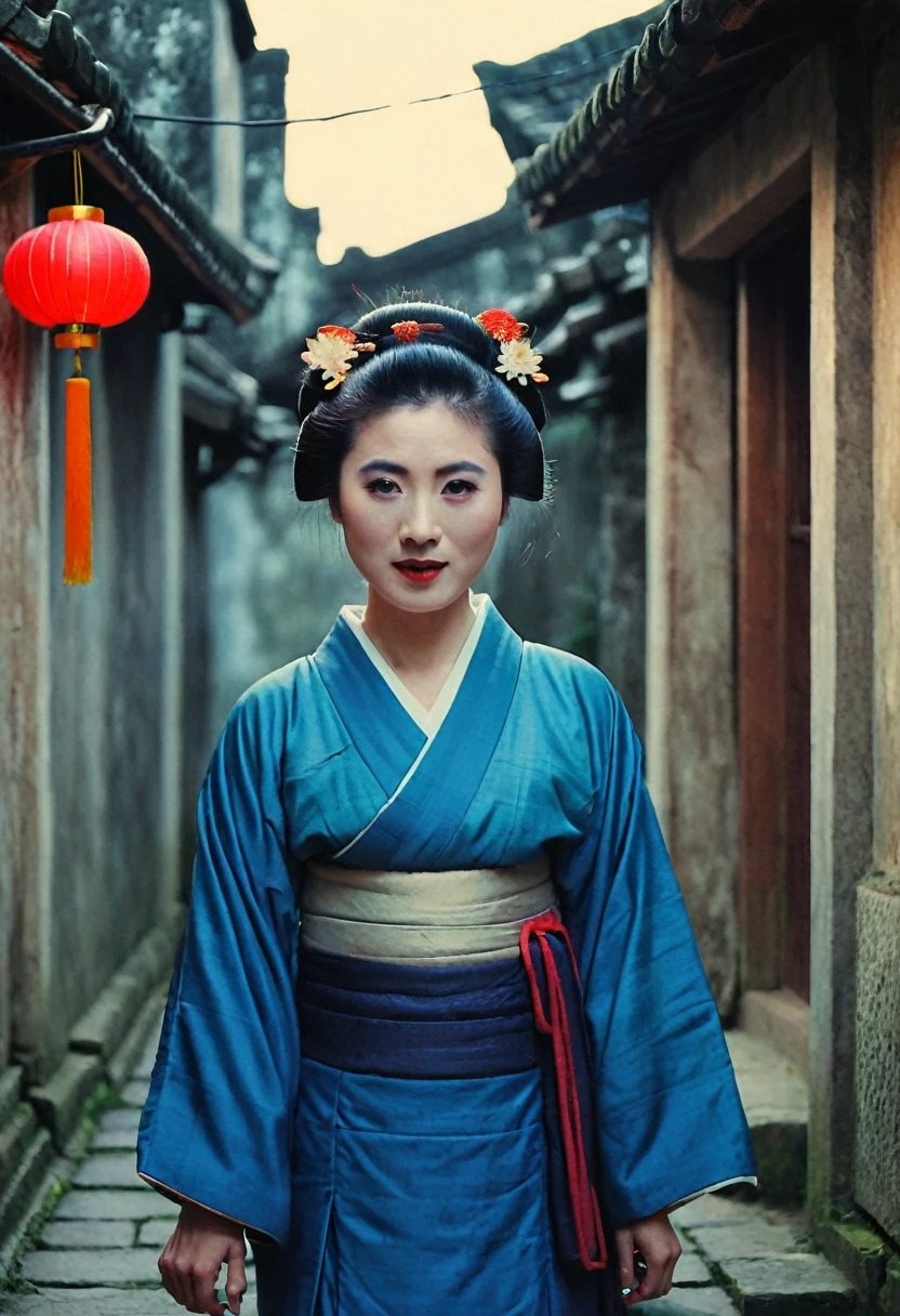 half body, front view, Cinematic portrait movie scene, Julibrary 3: A Geisha (set in Hanoi) in the streets of Hanoi, grungy walls, poors houses, japanese lanterns, crepuscular light, Fujifilm Provia 100F, Fujifilm X100V, Light leaks, 36K, Analog Style