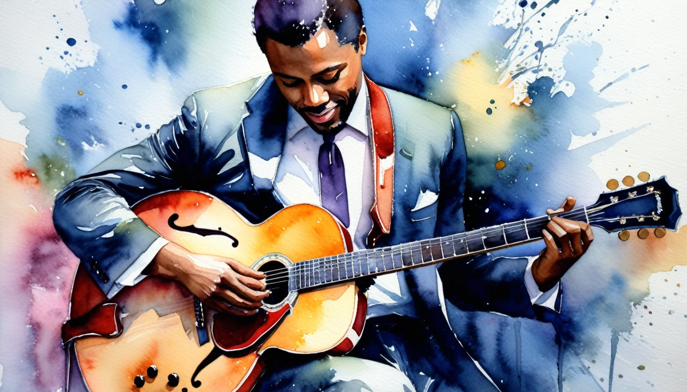 masterpiece, Highest quality, watercolor, jazz, guitar,