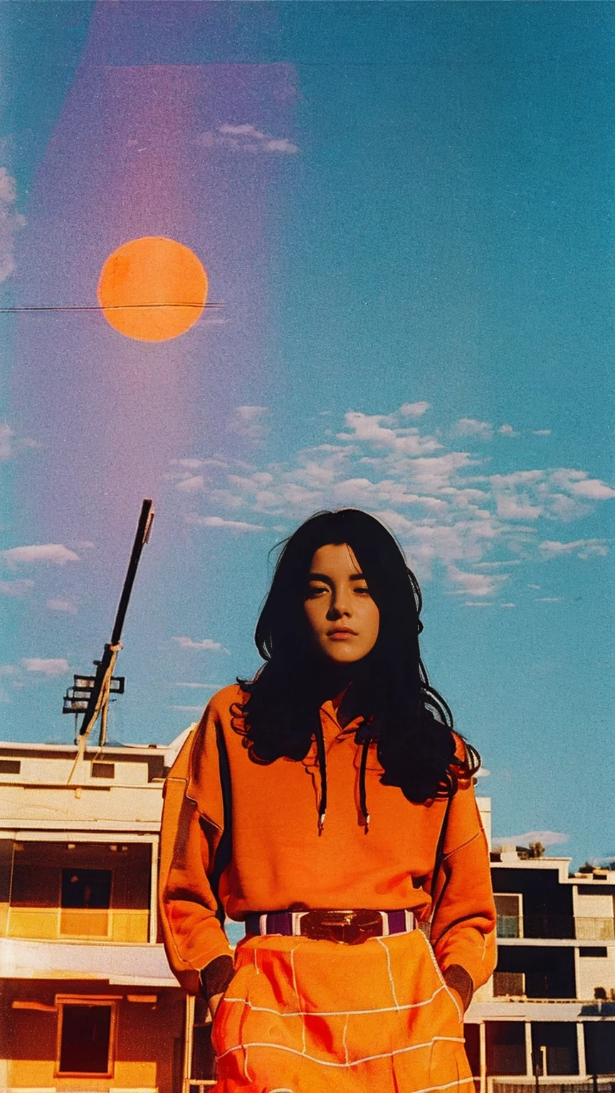 long shot portrait of cute 23 yo girl ,wear ((color orange oversized_hoodie no sleeve)), wear ((purple tennis skirt)),looking front,Best Quality,Masterpiece,Ultra High Resolution,(Realisticity:1.4),Original Photo, 1Girl, light leak,ultra high resolution,UHD,beautiful, (black bob hair), almond eye, no makeup, in front of (80's mondrian architecture motel), (realistic:1.2), (surreal:1.3), (very detailed:1.1), ((masterpiece)),summer, blue sky, palm trees,sunny, los angles vibes,film camera, 800mm lens,style of Philip Lorca diCorcia