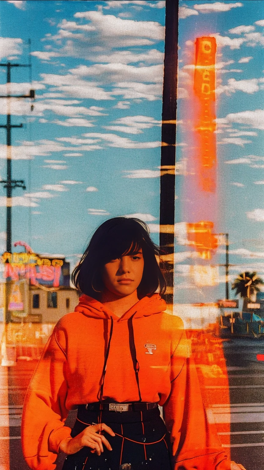 long shot portrait of cute 23 yo girl ,wear ((color orange oversized_hoodie no sleeve)), wear ((purple tennis skirt)),looking front,Best Quality,Masterpiece,Ultra High Resolution,(Realisticity:1.4),Original Photo, 1Girl, light leak,ultra high resolution,UHD,beautiful, (black bob hair), almond eye, no makeup, in front of (80's mondrian architecture motel), (realistic:1.2), (surreal:1.3), (very detailed:1.1), ((masterpiece)),summer, blue sky, palm trees,sunny, los angles vibes,film camera, 800mm lens,style of Philip Lorca diCorcia
