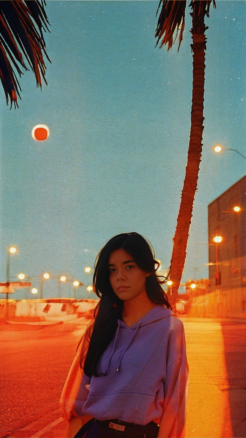 long shot portrait of cute 23 yo girl ,wear ((color orange oversized_hoodie no sleeve)), wear ((purple tennis skirt)),looking front,Best Quality,Masterpiece,Ultra High Resolution,(Realisticity:1.4),Original Photo, 1Girl, light leak,ultra high resolution,UHD,beautiful, (black bob hair), almond eye, no makeup, in front of (80's mondrian architecture motel), (realistic:1.2), (surreal:1.3), (very detailed:1.1), ((masterpiece)),summer, blue sky, palm trees,sunny, los angles vibes,film camera, 800mm lens,style of Philip Lorca diCorcia