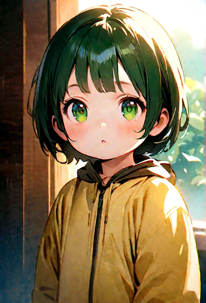 Portrait of a cute boy, 5-6 years old, with gray short bob-cut hair, big dark green eyes, and chubby bow lips. He is wearing a light yellow jumpsuit. The image is in a watercolor style, 4K, with high detail and ultra-realistic quality. Full body, full figure, with vivid colors, soft lighting, and a vibrant color palette. Sharp focus, subsurface scattering, f2, 35mm, film grain. The scene depicts a gentle, beautiful morning moment with high realism and sharpness, similar to photos taken with a Sony Alpha camera using a 100mm macro lens, resolution comparable to 8K UHD.