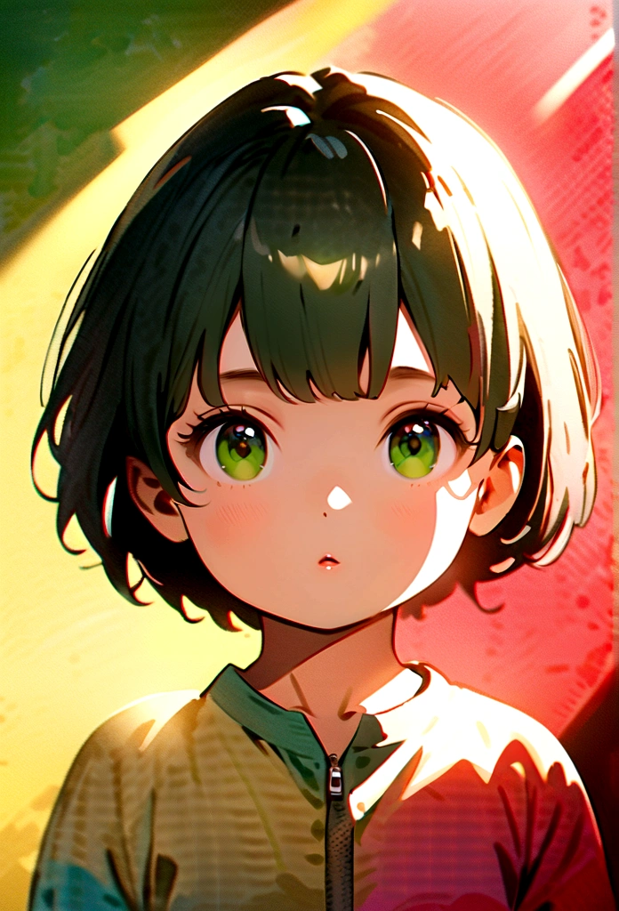Portrait of a cute boy, 5-6 years old, with gray short bob-cut hair, big dark green eyes, and chubby bow lips. He is wearing a light yellow jumpsuit. The image is in a watercolor style, 4K, with high detail and ultra-realistic quality. Full body, full figure, with vivid colors, soft lighting, and a vibrant color palette. Sharp focus, subsurface scattering, f2, 35mm, film grain. The scene depicts a gentle, beautiful morning moment with high realism and sharpness, similar to photos taken with a Sony Alpha camera using a 100mm macro lens, resolution comparable to 8K UHD.