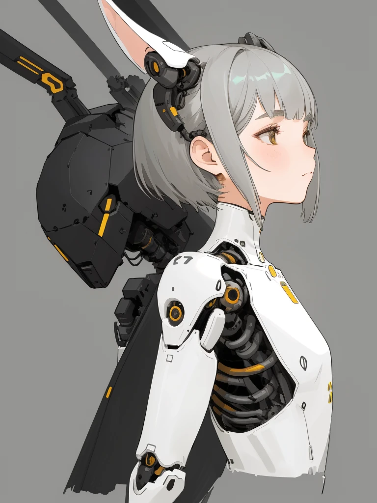 Create a detailed illustration of a young female character with short gray hair. The character has mechanical parts integrated into her neck and face, creating a blend of organic and robotic elements. She wears a black outfit and has long, rabbit-like decorations in the place of ears. The background features subtle plant illustrations, and the overall color scheme should be soft and neutral. The style should be minimalistic and refined, focusing on the character's side profile.