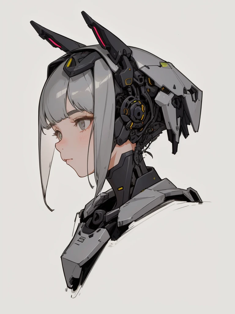 Create a detailed illustration of a young female character with short gray hair. The character has mechanical parts integrated into her neck and face, creating a blend of organic and robotic elements. She wears a black outfit and has long, rabbit-like decorations in the place of ears. The background features subtle plant illustrations, and the overall color scheme should be soft and neutral. The style should be minimalistic and refined, focusing on the character's side profile.