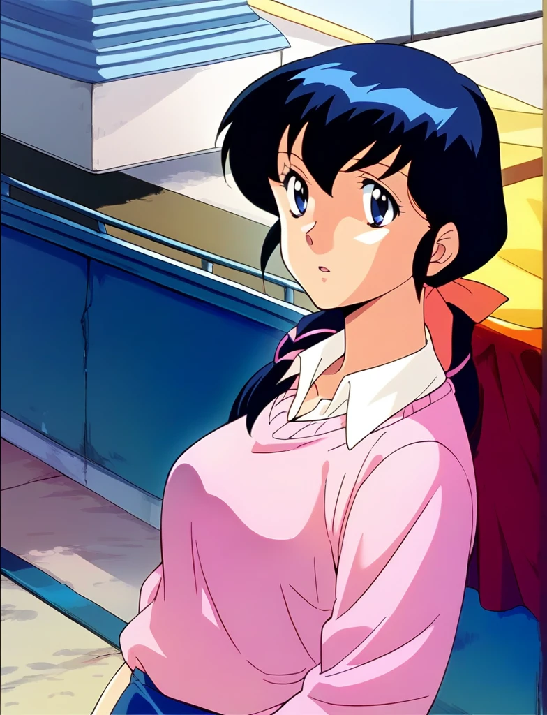 Kyoko,score_9,score_8_superior,score_7_superior,sauce_anime,One girl,alone,View your viewers,city,Streetscape of the 1980s,asphalt paved,paved,lamp post,force_line,dusk,Pink Sweater,White collared shirt,length_skirt,blue skirt,attacked、fear、捲りsuperiorげられたskirt、Panties、