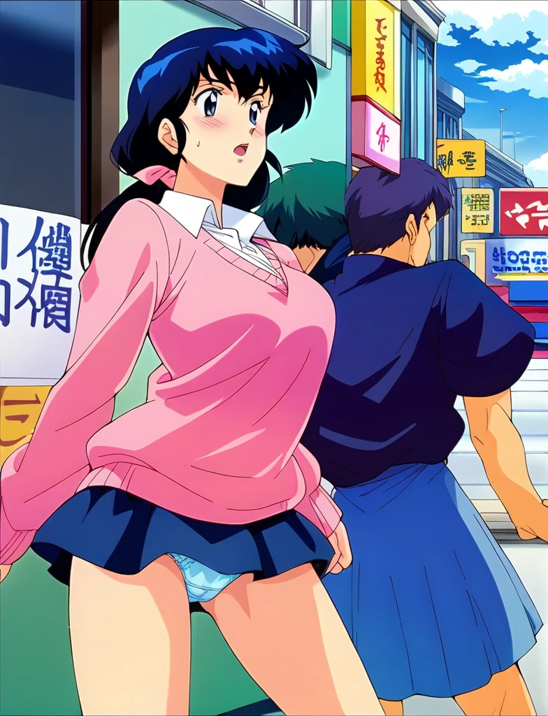 Kyoko,score_9,score_8_superior,score_7_superior,sauce_anime,One girl,alone,View your viewers,city,Streetscape of the 1980s,asphalt paved,paved,lamp post,force_line,dusk,Pink Sweater,White collared shirt,length_skirt,blue skirt,attacked、fear、捲りsuperiorげられたskirt、Panties、