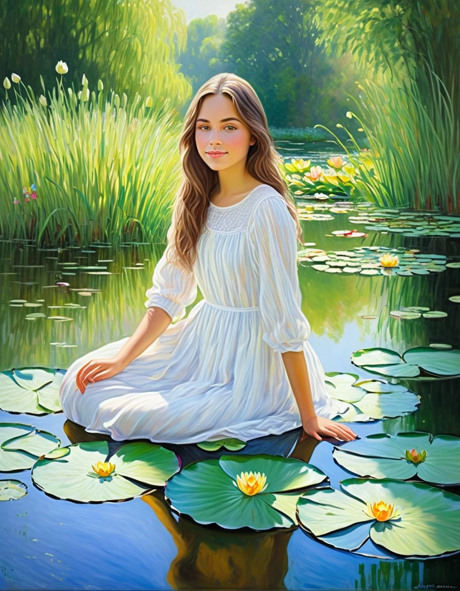 A beautiful girl sits by a pond with blooming water lilies, Surrounded by green trees,Flowers in bloom. Her delicate face and eyes reflect a peaceful atmosphere. The sun gently illuminates the entire scene, Create a soft and dreamy atmosphere. high quality, Photorealistic artwork captures every intricate detail, From delicate brushstrokes to vibrant colors. The painting was created in the style of Claude Monet, Evoking his signature impressionist technique,Capturing the essence and enchanting beauty of nature. The color palette consists of soft pastel shades, Create a peaceful atmosphere. Artwork bathed in natural light, Emphasize the tranquility of the scene. The whole image is a masterpiece,Demonstrates the artist's skill in capturing the delicate balance between light and shadow, Create fascinating and captivating visual experiences.