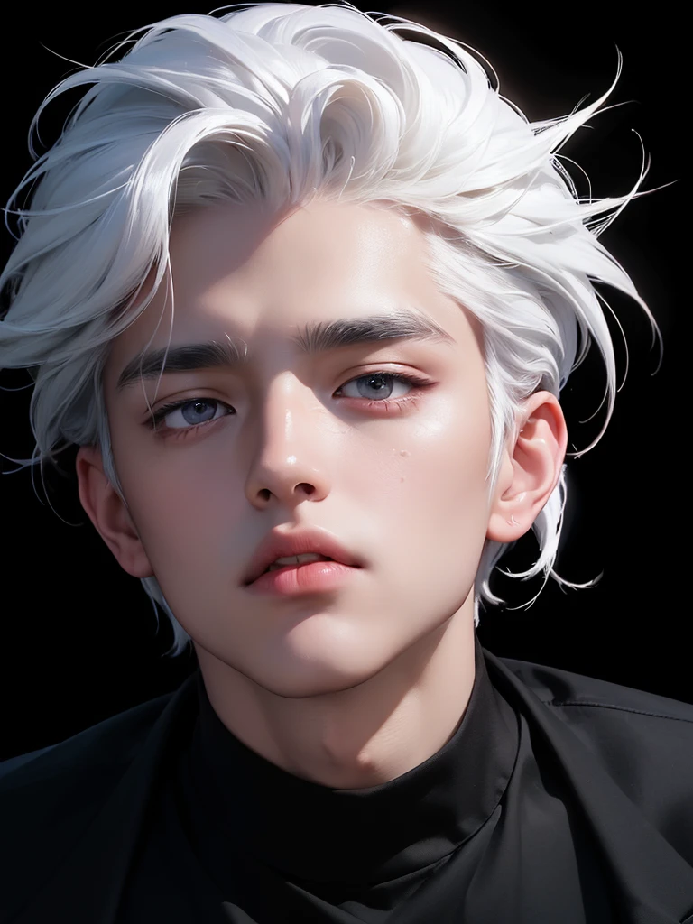 ((best quality, 8K, masterpiece: 1.3)), (sharp focus: 1.2), Korean Men, matchless, white hair, Temptation, Calm head, black shirt, black background, White skin, natural expression, Cute face, Composition looking up, Asian face