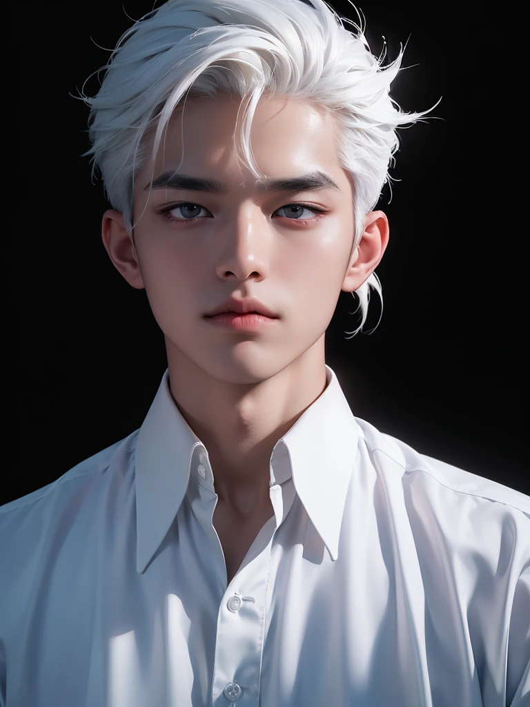 ((best quality, 8K, masterpiece: 1.3)), (sharp focus: 1.2), Korean Men, matchless, white hair, Temptation, Calm head, black shirt, black background, White skin, natural expression, Cute face, Composition looking up, Asian face