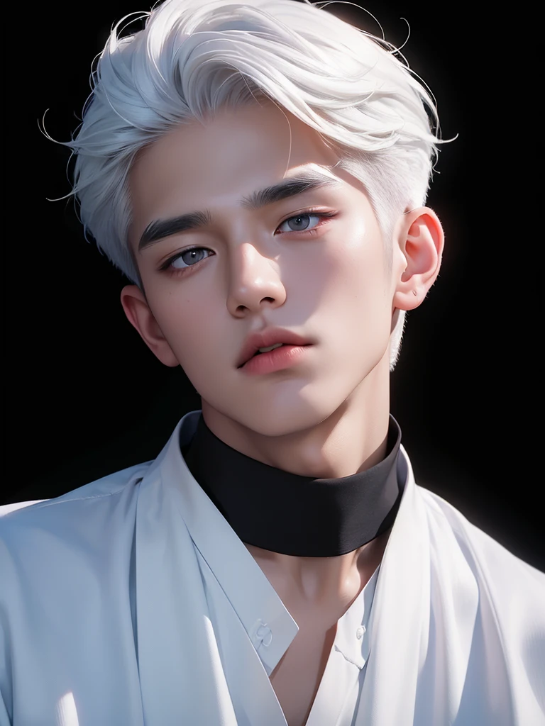 ((best quality, 8K, masterpiece: 1.3)), (sharp focus: 1.2), Korean Men, matchless, white hair, Temptation, Calm head, black shirt, black background, White skin, natural expression, Cute face, Composition looking up, Asian face