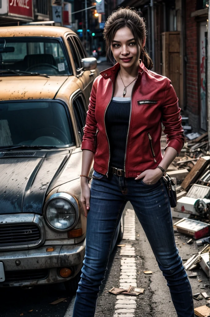 1girl, (realistic),(hyperrealism),(best quality),(masterpiece),(ultra high res),(photorealistic),idol,eye makeup,detailed eyes,detailed face,black dress, claireredfield2, brown hair, (red jacket:1.2), ponytail, (denim pants:1.3),,  red wristband,,  abandoned street, burning cars in background, littered street, smoke, chaos, zombie apocalypse, daytime, sunny,,  hands in pocket, looking at viewer, smiling, closeup shot