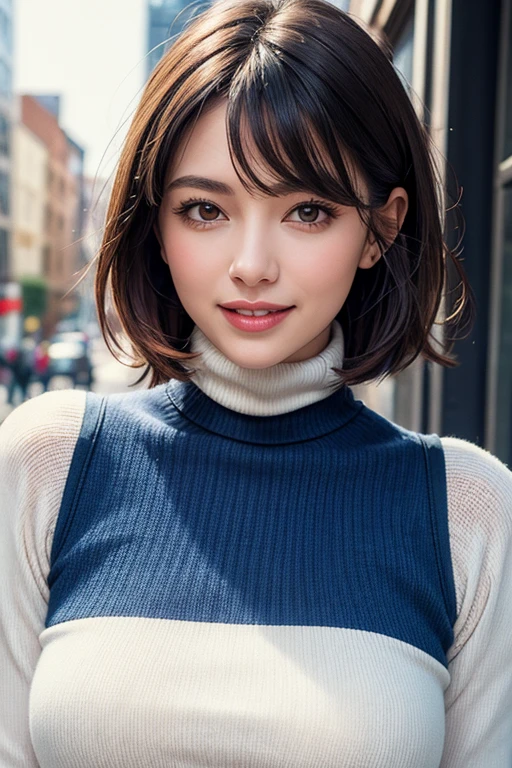 ((masterpiece)), ((Highest quality)), ((Complex)), ((Surreal)), (Realistic), (Mature Woman), ((There are no classes)), Very detailed, (1 female), Beautiful and exquisite, (Beautiful Teeth), Grin, Brunette Bob Hair, Brown eyes, ((Blue turtleneck)), (whole body), (background:Urban area), (backgroundぼかし), Perfect Eyes, Captivating eyes, Looking at the audience,Big Breasts