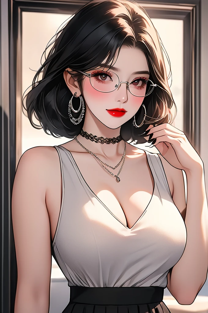 Masterpiece, best quality, 8K, high tone, super detail, Hot sexy beautiful cute milf , silver hoop earrings,big breasts, lipstick,makeup, black hair ,blush,short hair ,black glasses , red eyes,makeup,red lipstick , white shirt,skirt stocking,big breasts, cleavage ,upper body
