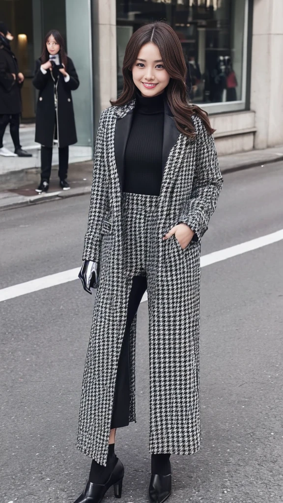 Outdoor,A girl wearing an elegant houndstooth long coat,Medium Hair,Knit top, black pantsuit, pumps and black socks,Full body standing street photography,Confident face,Shiny long hair,Idol Instagram photos,Wearing black leather gloves