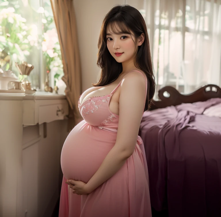 pregnant woman in pink dress standing in front of a bed, pregnant belly, maternal photography 4 k, pregnant, pregnancy, lovely woman, maternity feeling, her belly is fat and round, posing in a bedroom, dressed in a pink dress, beautiful south korean woman, bouncy belly, korean woman, asian woman, she has a jiggly fat round belly, beautiful asian girl