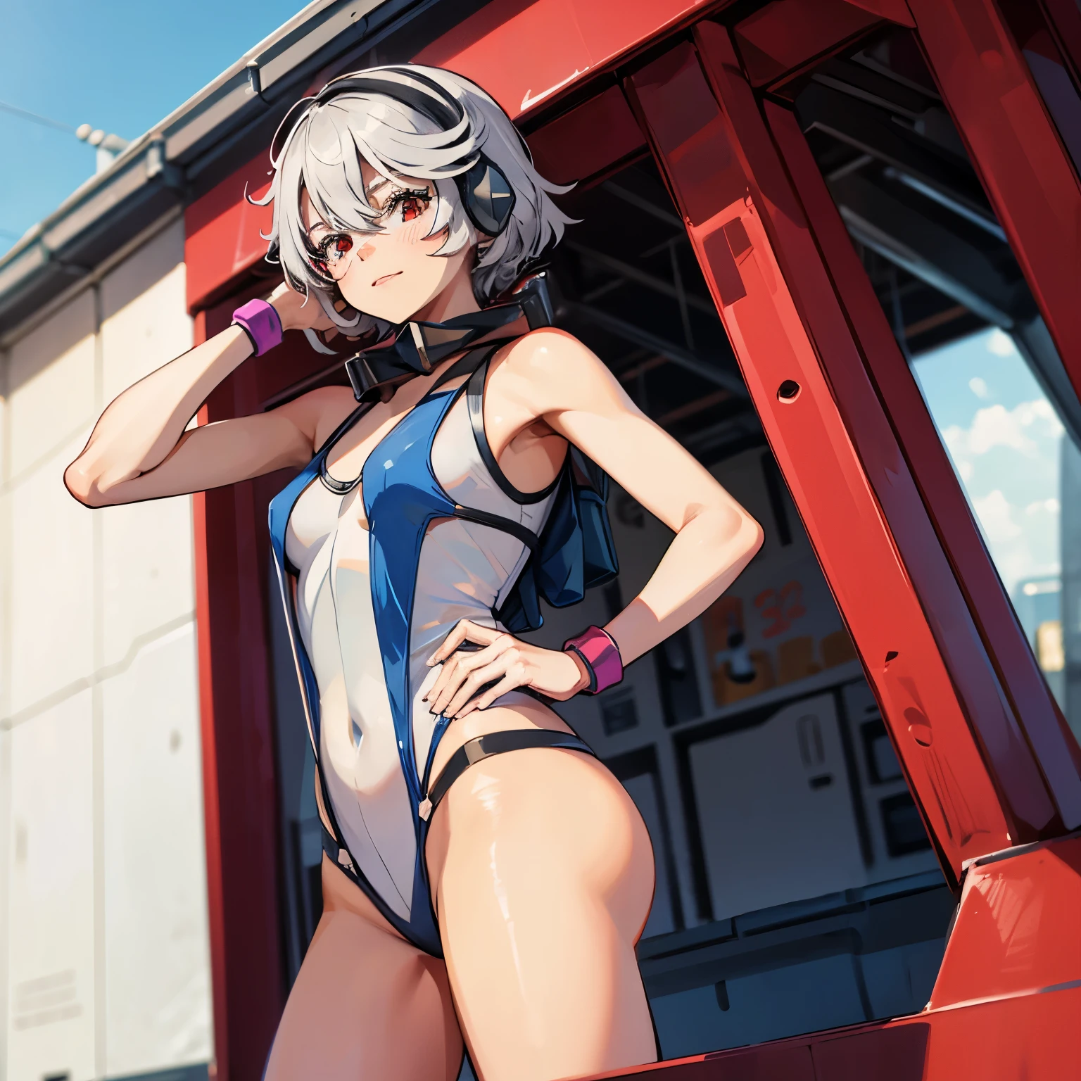 Imperial Guard Combat Uniform Swimsuit, o-ring , v gundam, swimsuit, absurdres, highres, solo, cowboy shot, 1girl, neneka nibrou \(cosplay\), wristband, headphone, holster, backpack, holding gun, aiming, perfect hands, wind, (highres,best_quality,masterpiece), hair ornaments, small , Shy, SHORT HAIR, WHITE HAIR, RED EYES, HAIR BETWEEN EYES,