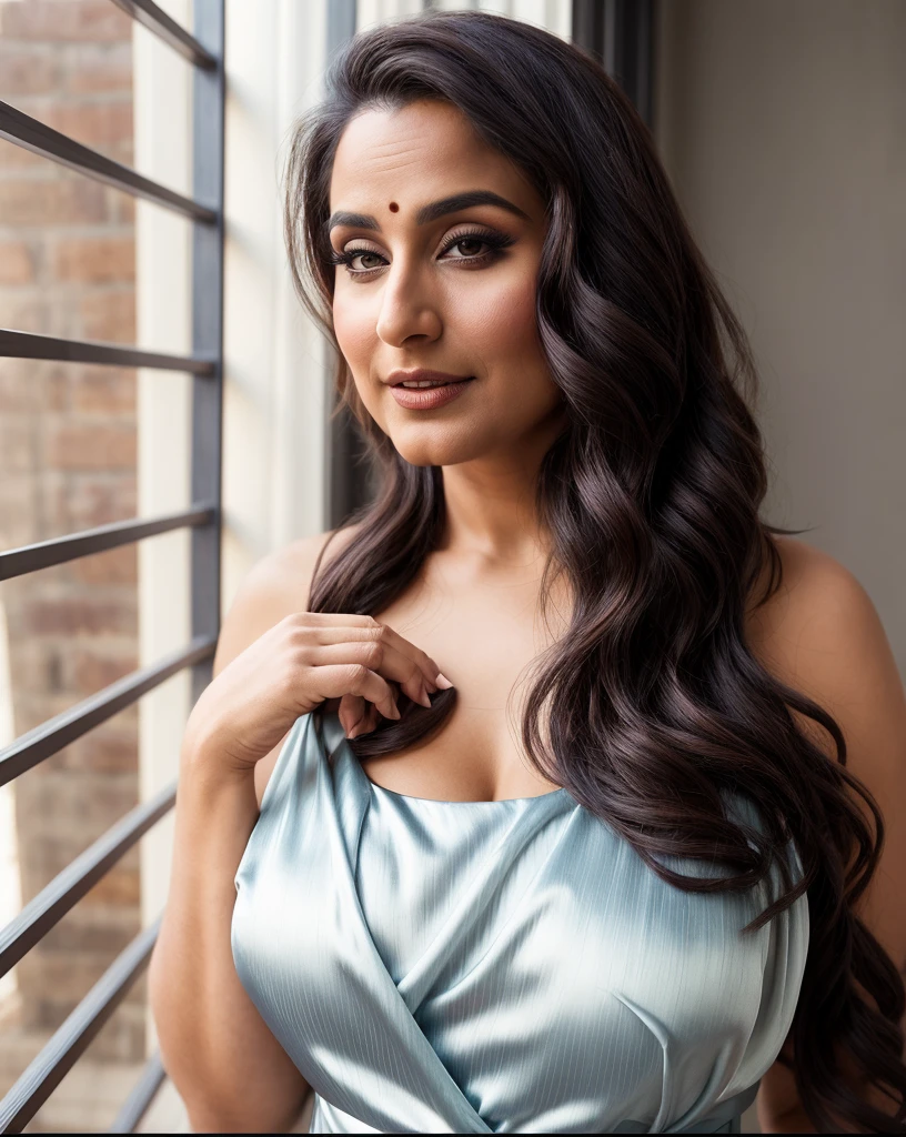 Envision a sultry, plus-size MILF with small breasts, confidently wearing a liquid satin, backless halter dress from the Vidya Balan collection. This summer piece, made from ice silk, is both a short skirt and pajamas, perfect for home wear. The smooth, shimmering fabric clings to her curves, the backless design adding a touch of daring allure. As an amorous exhibitionist, she takes pleasure in her sensuality, moving gracefully in her silk nightgown. The luxurious material accentuates her natural beauty, each step highlighting her captivating and confident presence