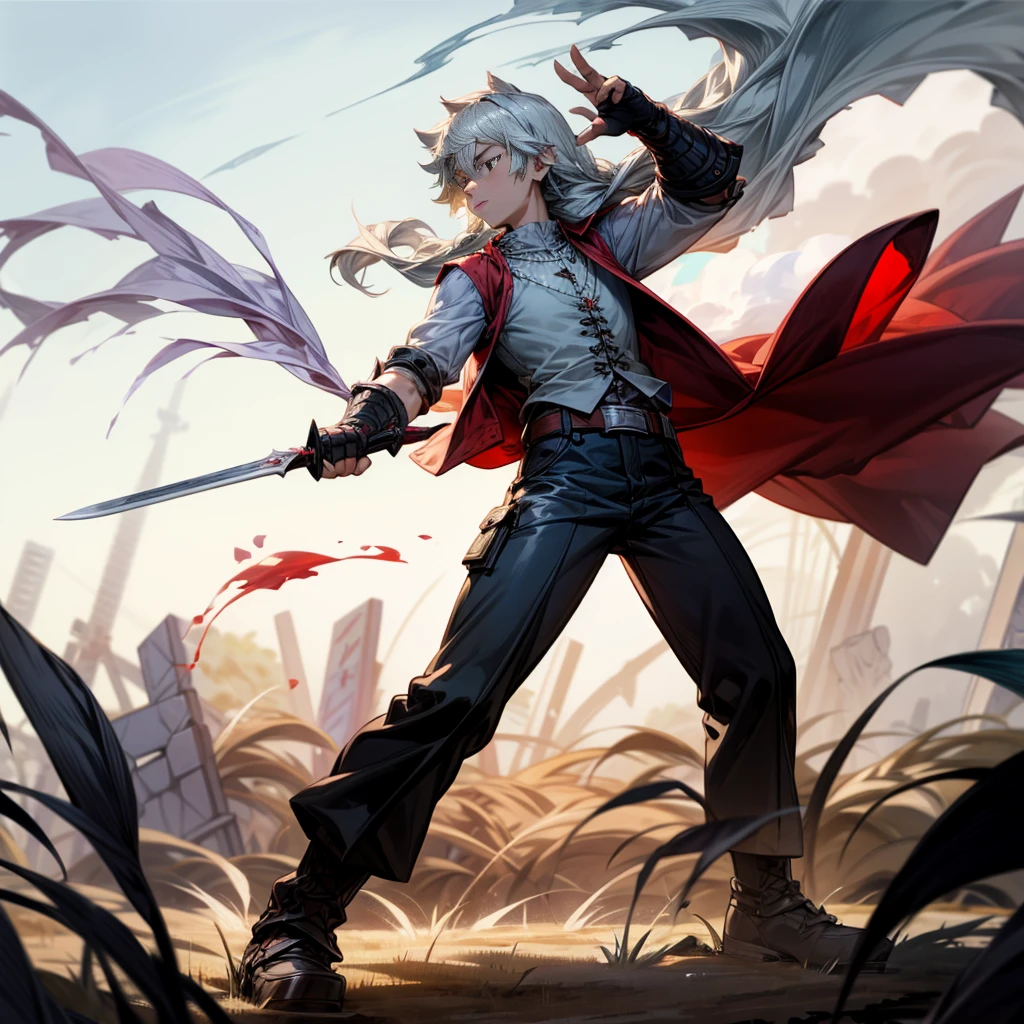 1boy, Full body version, 1character, black eyes color, milk skin, long hairstyle, monolod eyes type, silver colour hair, muscle, Farmer villager clothing style, red color clothing, black pants, white scraf, Ancient roman boots, vest armors, knife in two hand, Grassroots background in field villager, motion blur, battle gesture, lighting morning, sunlight, smoke, plasma, bloody background, fire, lighting knife 