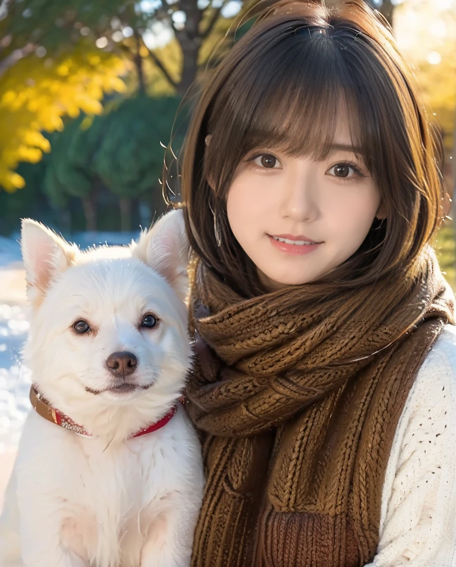 Being with a dog、A girl and a dog warming themselves by a bonfire、Lens flare、Hair blowing in the wind、Medium Short Hair、Fluffy scarf in warm colors、Expressing the whiteness of one's breath、Photo from the waist up、Night city illumination shot、Cowgirl Shot、Fur coat、豪華なグレーのミンクのFur coat、Wear fine leather boots、Luxury Bags、Inner turtleneck、Silver necklace and small silver earrings Millionaire style:1.4))、Full body photo、smile、 Caustics、Highly detailed photos、Very beautiful woman 、Ample breasts、No makeup、(8K、RAW Photos、Highest quality、masterpiece:1.2)、(Realistic、Realistic)、1 Girl、((Medium Short Hair、Midwinter、Cold region Snow falling、The wind is blowing、Fluttering Hair、Blur the background、Colorful illuminations、Looking into the camera:1.4))、