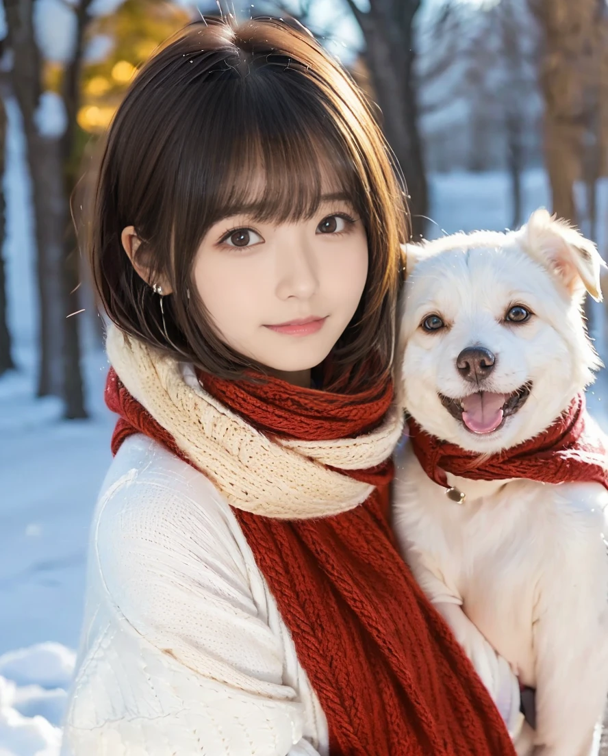 Being with a dog、A girl and a dog warming themselves by a bonfire、Lens flare、Hair blowing in the wind、Medium Short Hair、Fluffy scarf in warm colors、Expressing the whiteness of one&#39;s breath、Photo from the waist up、Night city illumination shot、Cowgirl Shot、Fur coat、豪華なグレーのミンクのFur coat、Wear fine leather boots、Luxury Bags、Inner turtleneck、Silver necklace and small silver earrings Millionaire style:1.4））、Full body photo、smile、 Caustics、Highly detailed photos、Very beautiful woman 、Ample breasts、No makeup、(8K、RAW Photos、Highest quality、masterpiece:1.2)、(Realistic、Realistic)、1 Girl、((Medium Short Hair、Midwinter、Cold region Snow falling、The wind is blowing、Fluttering Hair、Blur the background、Colorful illuminations、Looking into the camera:1.4))、
