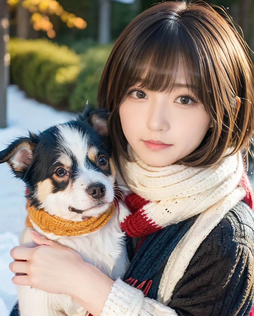 Being with a dog、A girl and a dog warming themselves by a bonfire、Lens flare、Hair blowing in the wind、Medium Short Hair、Fluffy scarf in warm colors、Expressing the whiteness of one&#39;s breath、Photo from the waist up、Night city illumination shot、Cowgirl Shot、Fur coat、豪華なグレーのミンクのFur coat、Wear fine leather boots、Luxury Bags、Inner turtleneck、Silver necklace and small silver earrings Millionaire style:1.4））、Full body photo、smile、 Caustics、Highly detailed photos、Very beautiful woman 、Ample breasts、No makeup、(8K、RAW Photos、Highest quality、masterpiece:1.2)、(Realistic、Realistic)、1 Girl、((Medium Short Hair、Midwinter、Cold region Snow falling、The wind is blowing、Fluttering Hair、Blur the background、Colorful illuminations、Looking into the camera:1.4))、
