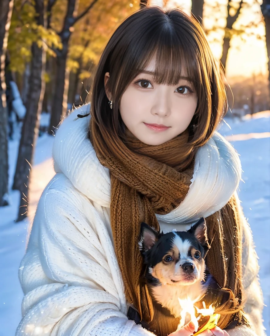 Being with a dog、A girl and a dog warming themselves by a bonfire、Lens flare、Hair blowing in the wind、Medium Short Hair、Fluffy scarf in warm colors、Expressing the whiteness of one's breath、Photo from the waist up、Night city illumination shot、Cowgirl Shot、Fur coat、豪華なグレーのミンクのFur coat、Wear fine leather boots、Luxury Bags、Inner turtleneck、Silver necklace and small silver earrings Millionaire style:1.4))、Full body photo、smile、 Caustics、Highly detailed photos、Very beautiful woman 、Ample breasts、No makeup、(8K、RAW Photos、Highest quality、masterpiece:1.2)、(Realistic、Realistic)、1 Girl、((Medium Short Hair、Midwinter、Cold region Snow falling、The wind is blowing、Fluttering Hair、Blur the background、Colorful illuminations、Looking into the camera:1.4))、