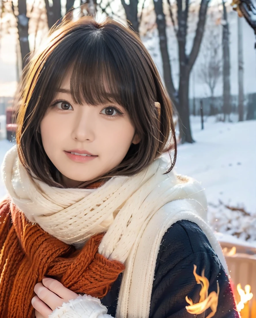 Being with a dog、A girl and a dog warming themselves by a bonfire、Lens flare、Hair blowing in the wind、Medium Short Hair、Fluffy scarf in warm colors、Expressing the whiteness of one's breath、Photo from the waist up、Night city illumination shot、Cowgirl Shot、Fur coat、豪華なグレーのミンクのFur coat、Wear fine leather boots、Luxury Bags、Inner turtleneck、Silver necklace and small silver earrings Millionaire style:1.4))、Full body photo、smile、 Caustics、Highly detailed photos、Very beautiful woman 、Ample breasts、No makeup、(8K、RAW Photos、Highest quality、masterpiece:1.2)、(Realistic、Realistic)、1 Girl、((Medium Short Hair、Midwinter、Cold region Snow falling、The wind is blowing、Fluttering Hair、Blur the background、Colorful illuminations、Looking into the camera:1.4))、