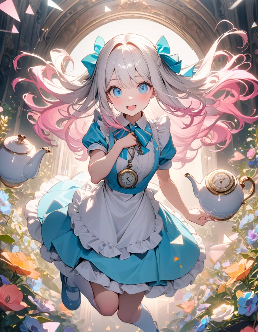 (8K, best quality, master piece: 1.2),triangular composition,1 cute Alice,独奏,super high resolution, ultra-detailed face, detailed eyes,lash extension,perfect hands,black facinator ribbon decoration:1.2,perfect fingers,blue eyes,gradient hair(white hair, light pink hair) , long hair, Aqua Lolita fashion, white frilled apron,happy, Alice costume,striped pattern over-kneehighs,mary janes,teacup and teapot and Pocket watch are floating in the air,Alice is flying and dynamic pose,rim light, cute,one rabbit is flying, Look at viewer,garden
