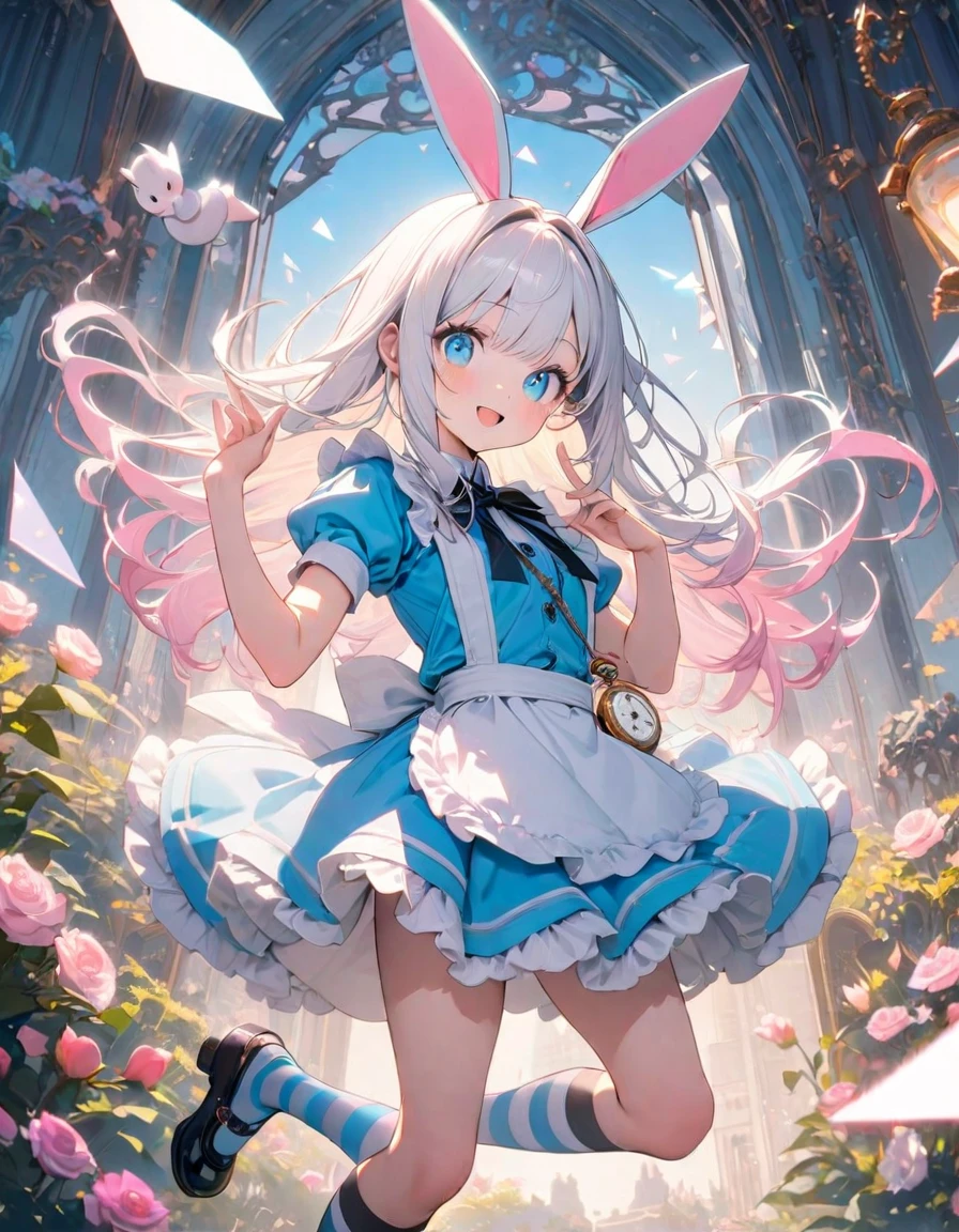 (8K, best quality, master piece: 1.2),triangular composition,1 cute Alice,独奏,super high resolution, ultra-detailed face, detailed eyes,lash extension,perfect hands,black facinator ribbon decoration:1.2,perfect fingers,blue eyes,gradient hair(white hair, light pink hair) , long hair, Aqua Lolita fashion, white frilled apron,happy, Alice costume,striped pattern over-kneehighs,mary janes,teacup and teapot and Pocket watch are floating in the air,Alice is flying and dynamic pose,rim light, cute,one rabbit is flying, Look at viewer,garden