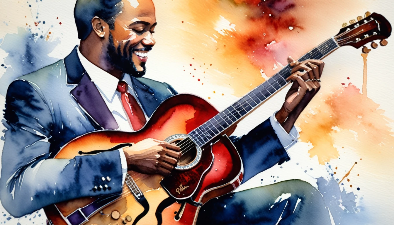 masterpiece, Highest quality, watercolor, jazz, guitar,