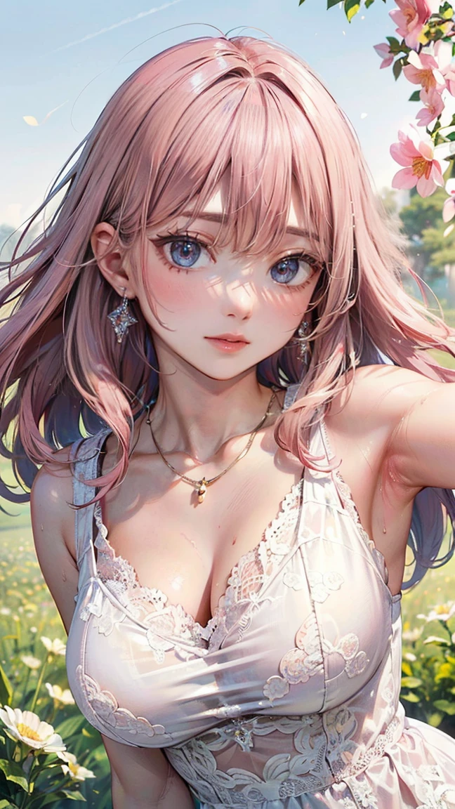 (Masterpiece, BestQuality:1.3), (ultra detailed:1.2), (hyperrealistic:1.3), (RAW photo:1.2), High detail RAW color photo, professional photograph, (Photorealistic:1.4), (realistic:1.4), (Pink Hair:1.5), professional lighting, perfect anatomy, (Big Breasts:1.2), (blush, detailed face), (A happy smile:1.7), Trending Hair&Trending Hairカラーをランダムに, earrings, necklace, bracelet, sexly, erotic sexly, Random sexy gravure poses, (Sexy beauty in a white lace dress、Flower field background、Smiling face、Spinning pose with arms outstretched、Sheer:1.3)