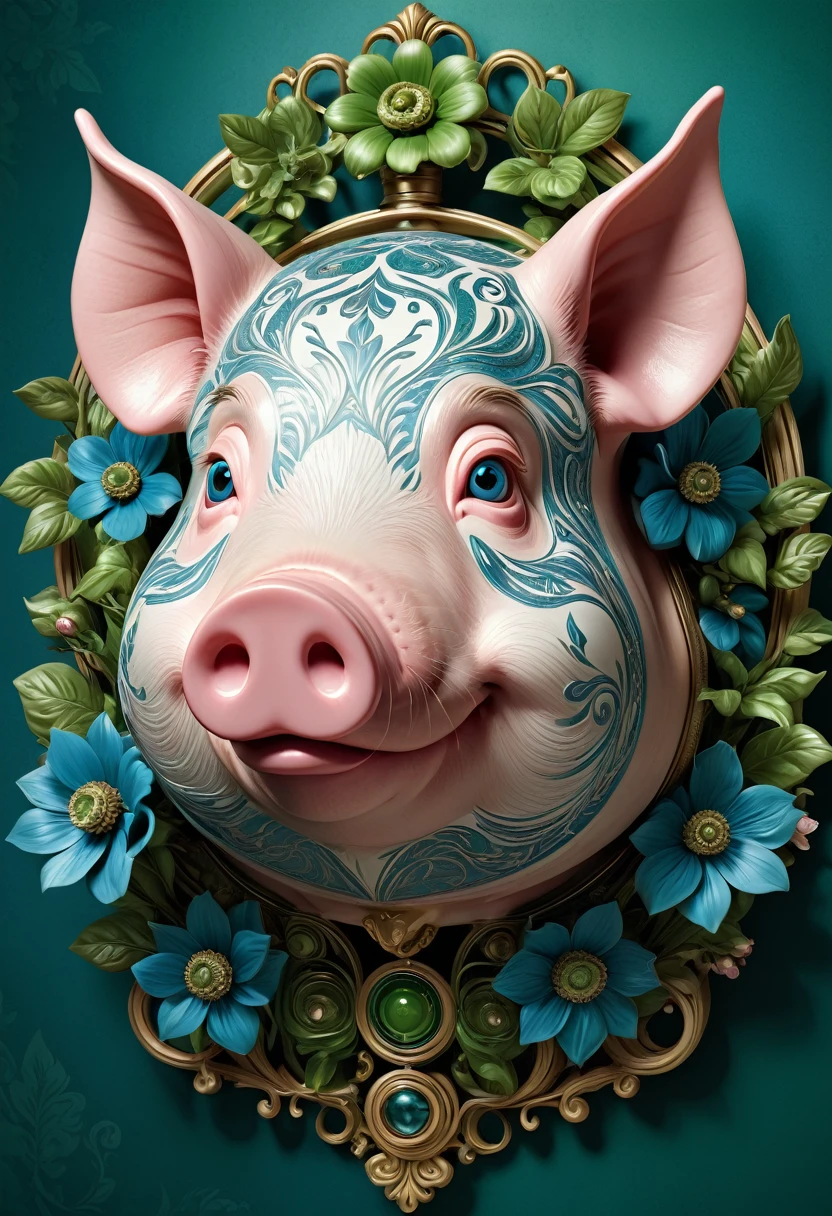 Mechanical pig head，lifelike，Anthropomorphic pigs，Character setting，Ultra-detailed graphics，Delicate face，8K，magazine cover，Floral background decoration，Strong color contrast，Darker color，Blue, green and white